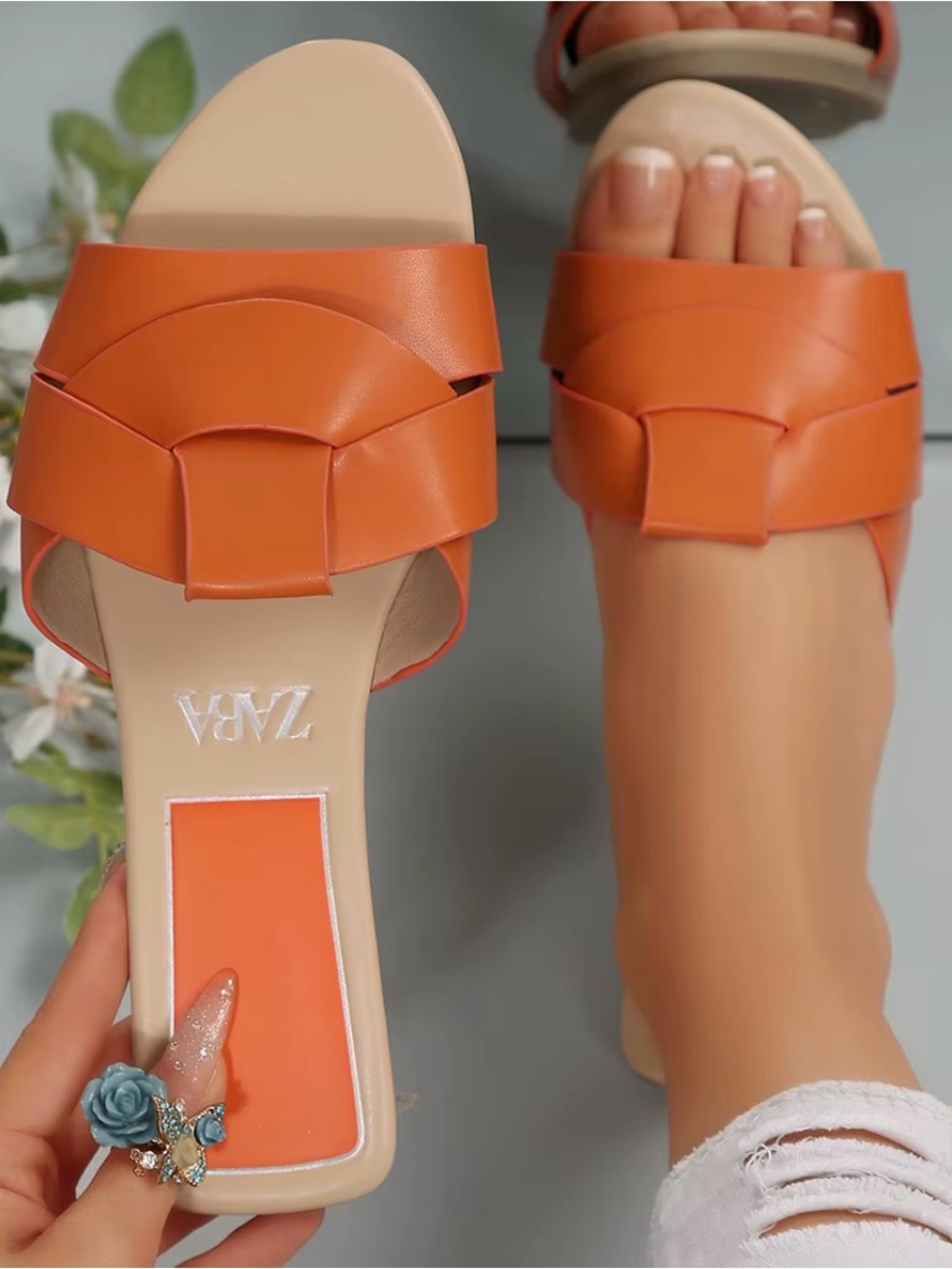 Zara Orange Braided Leather Slide Mules - Women